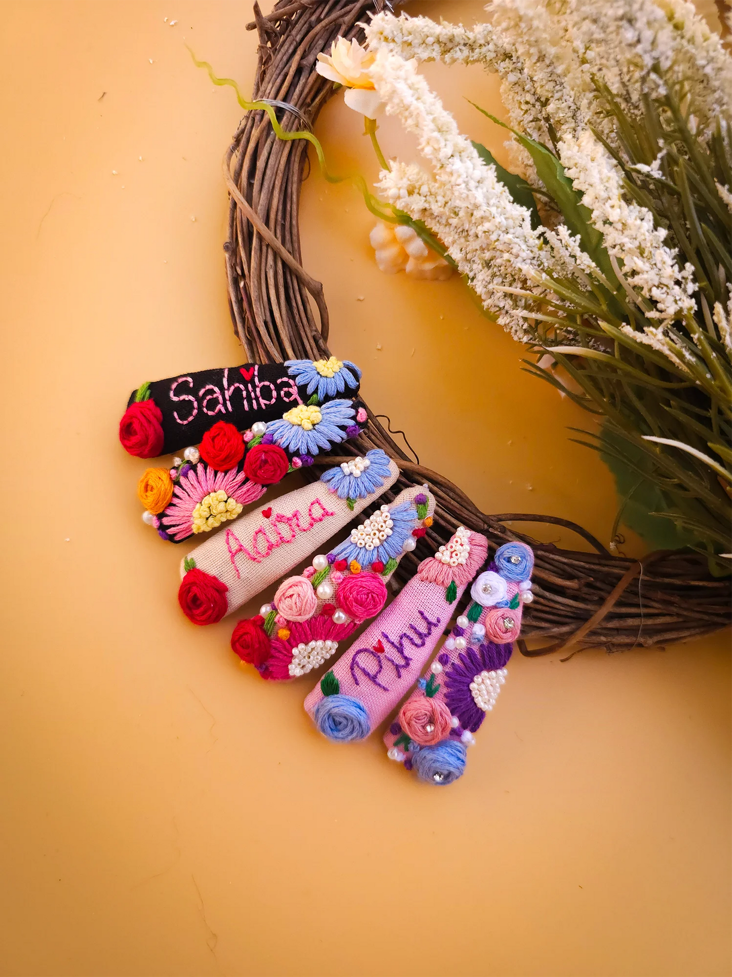 Trio Name Tic Tac Set – Hand Embroidered Personalized Hair Clips