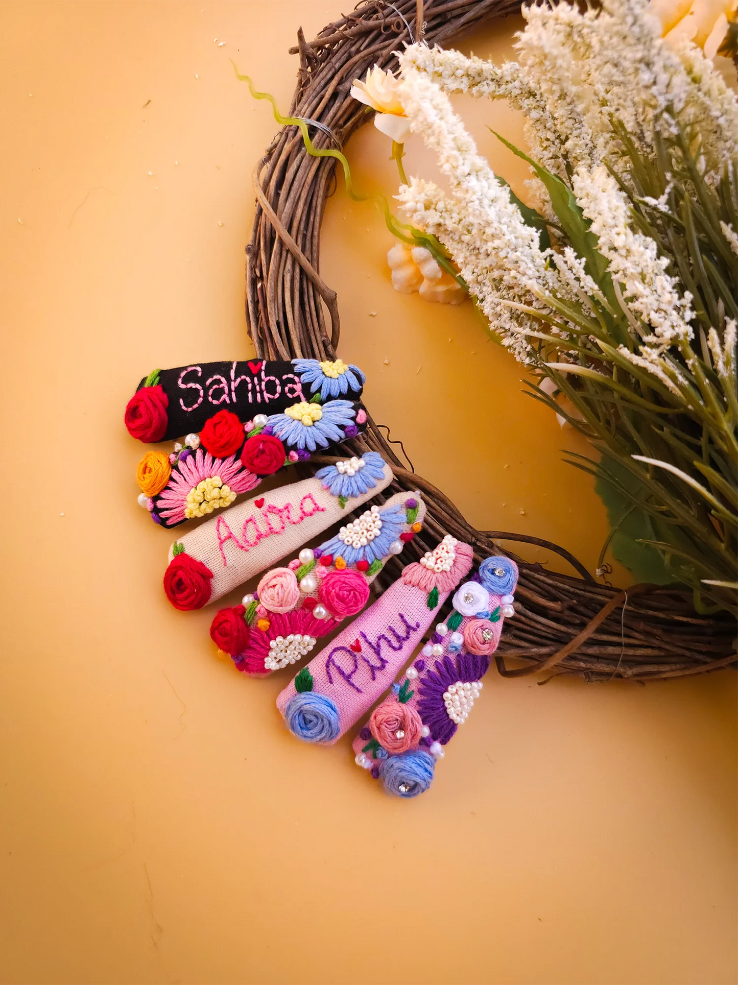 Trio Name Tic Tac Set – Hand Embroidered Personalized Hair Clips