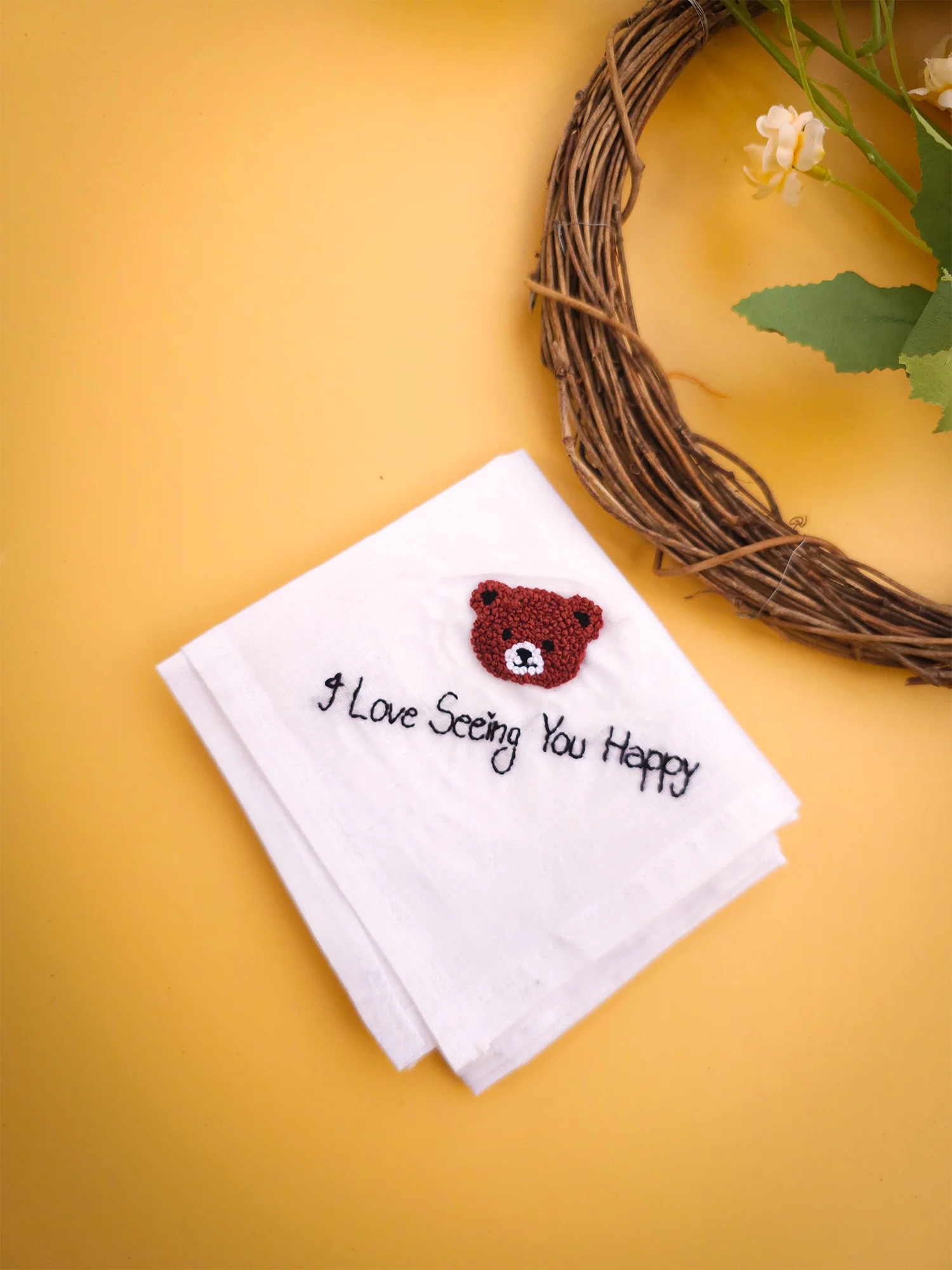 Teddy Cuddle Hankey – Hand Embroidered Love Message Handkerchief