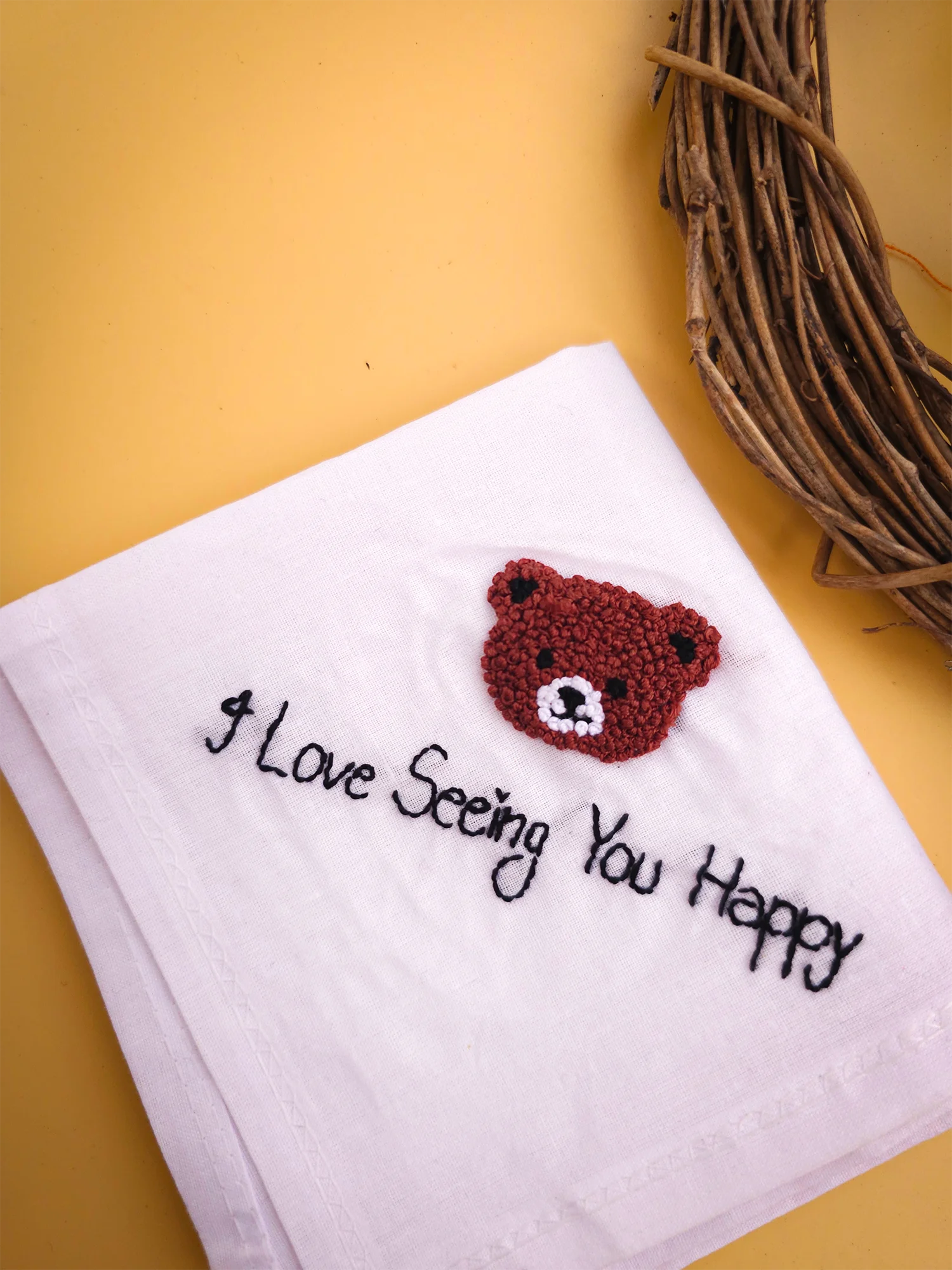 Teddy Cuddle Hankey – Hand Embroidered Love Message Handkerchief