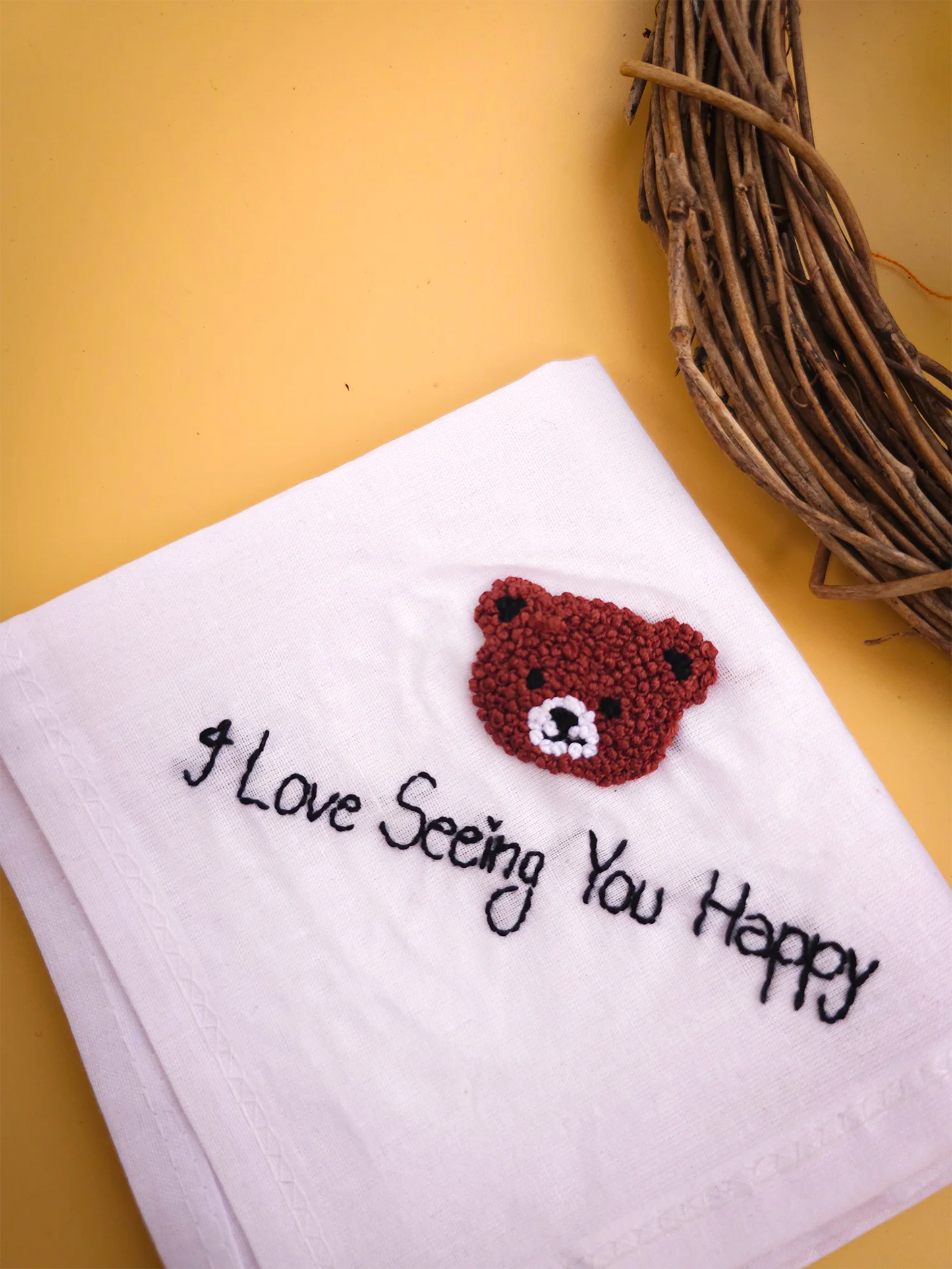 Teddy Cuddle Hankey – Hand Embroidered Love Message Handkerchief