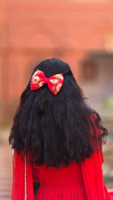 Aarya Red Hand Embroidered Daisy Bow Hair Clip