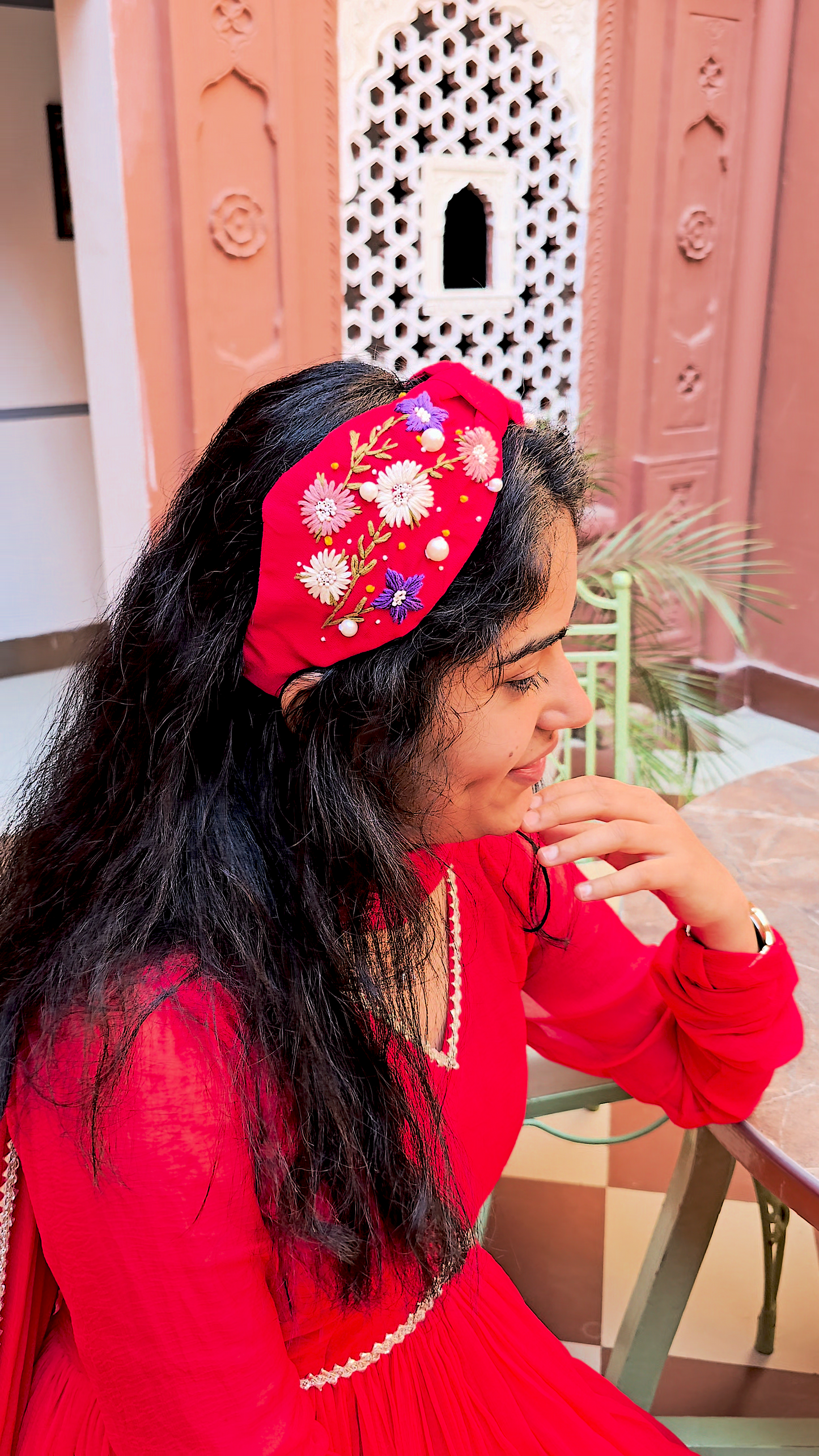 Red Flora Hand Embroidered Wide Headband
