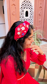 Red Flora Hand Embroidered Wide Headband