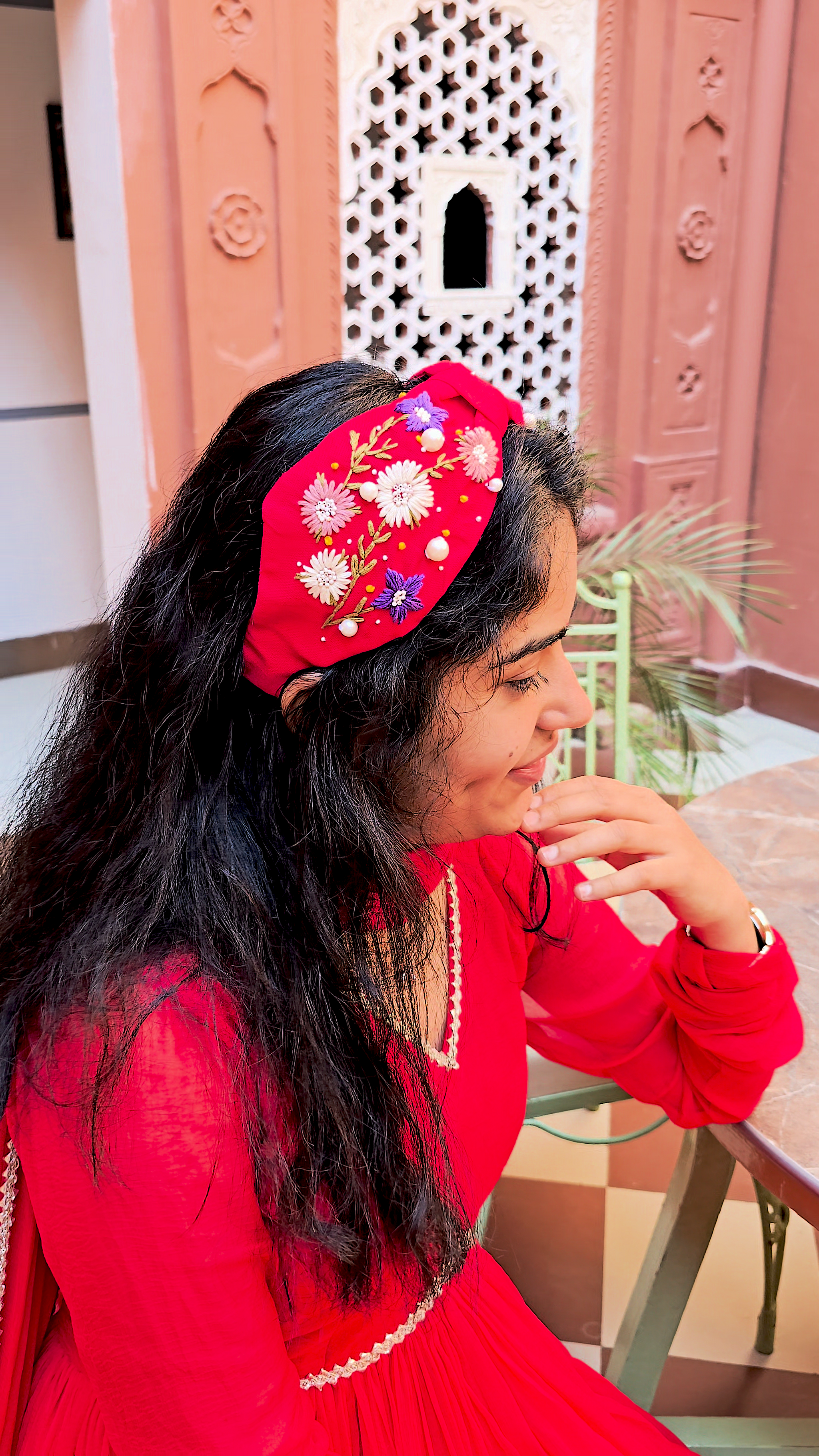 Red Flora Hand Embroidered Wide Headband