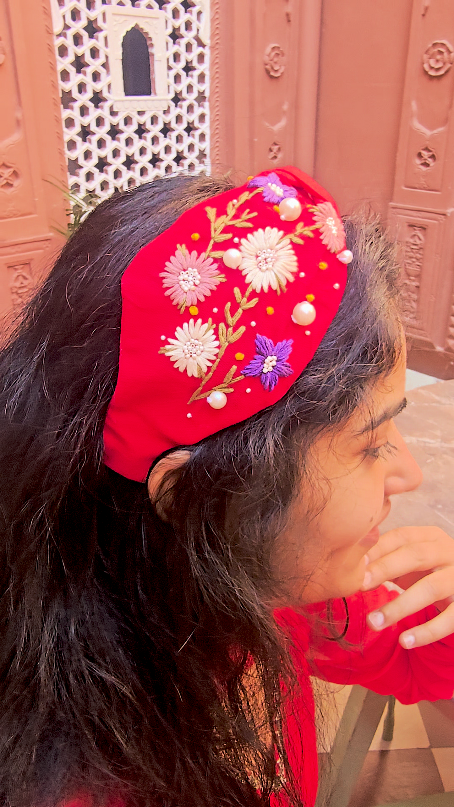 Red Flora Hand Embroidered Wide Headband