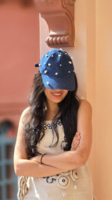 Denim Pearl Embellished Cap