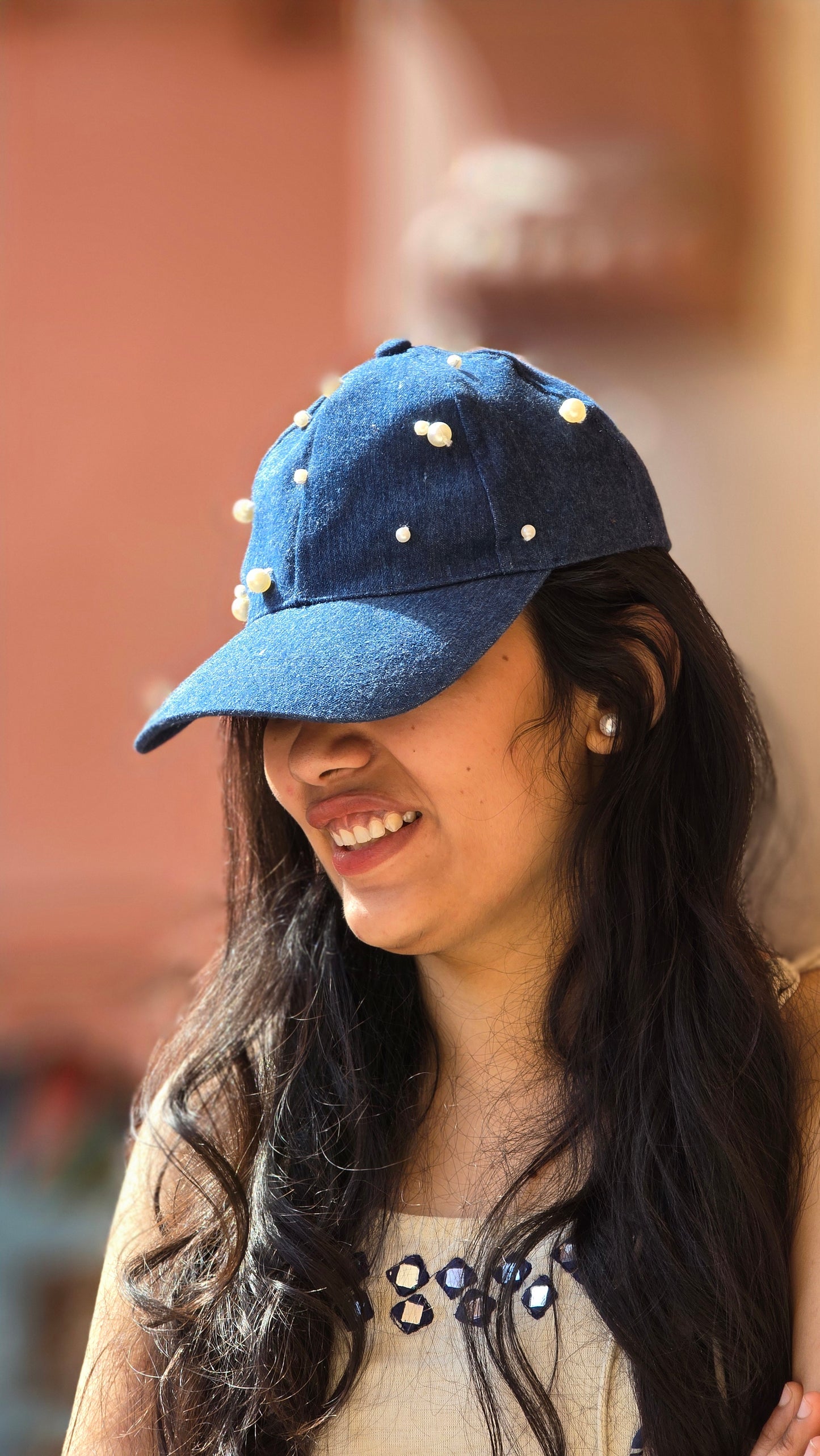 Denim Pearl Embellished Cap