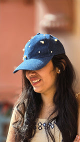 Denim Pearl Embellished Cap