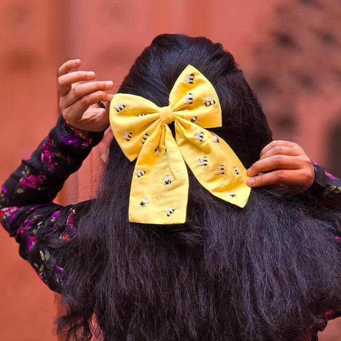 Honey Bee Yellow Hand Embroidered Bow Hair Clip