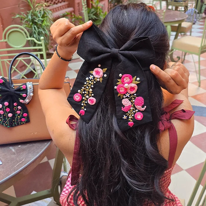 Isha Hand Embroidered Floral Bow Hair Clip – Black