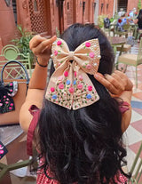 Apsara Beige Hand Embroidered Floral Bow Hair Clip