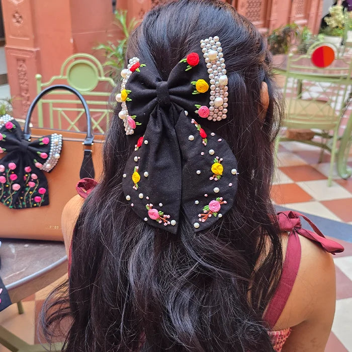 Godavari Black Hand Embroidered Floral Bow Hair Clip
