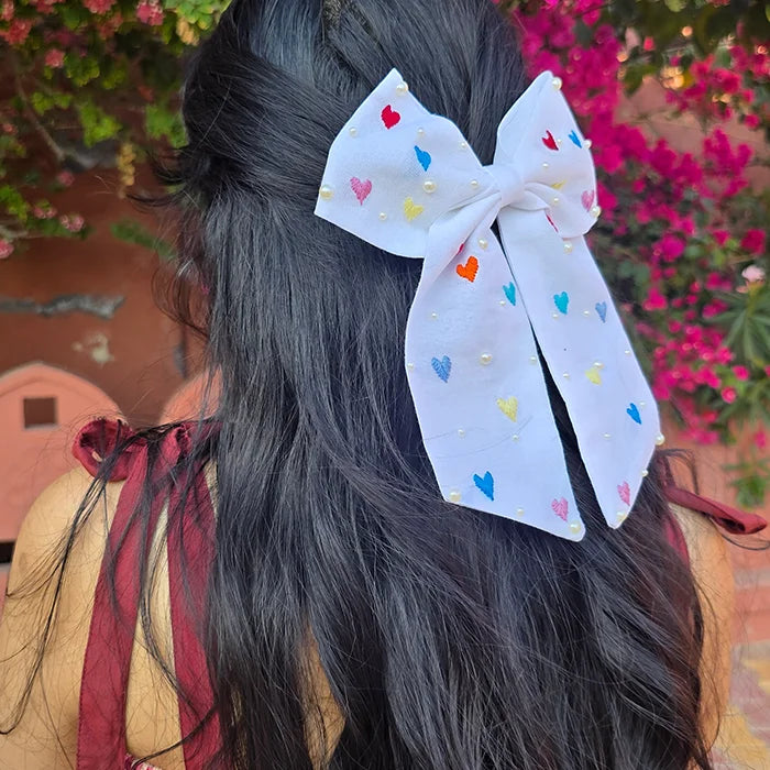 Cupid Embrace Hand Embroidered Heart Bow Hair Clip – White