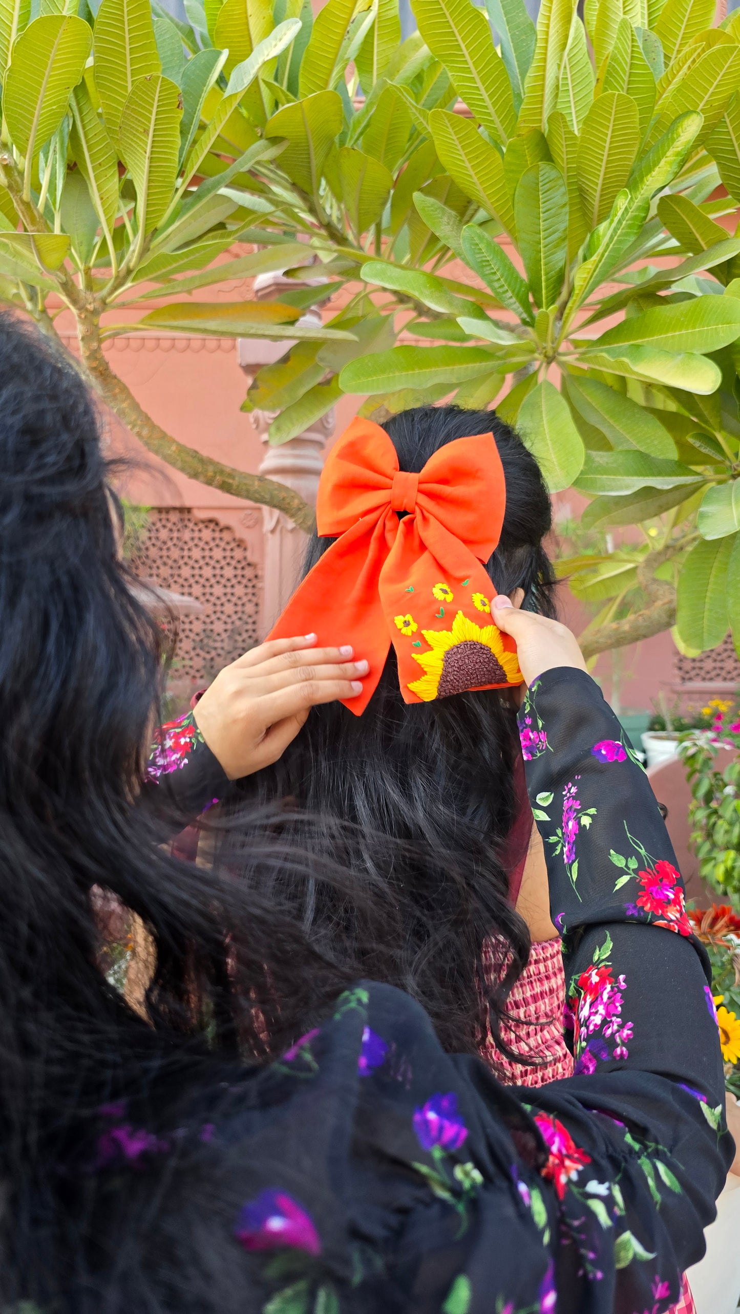 Be My Sunflower Orange Hand Embroidered Bow Hair Clip
