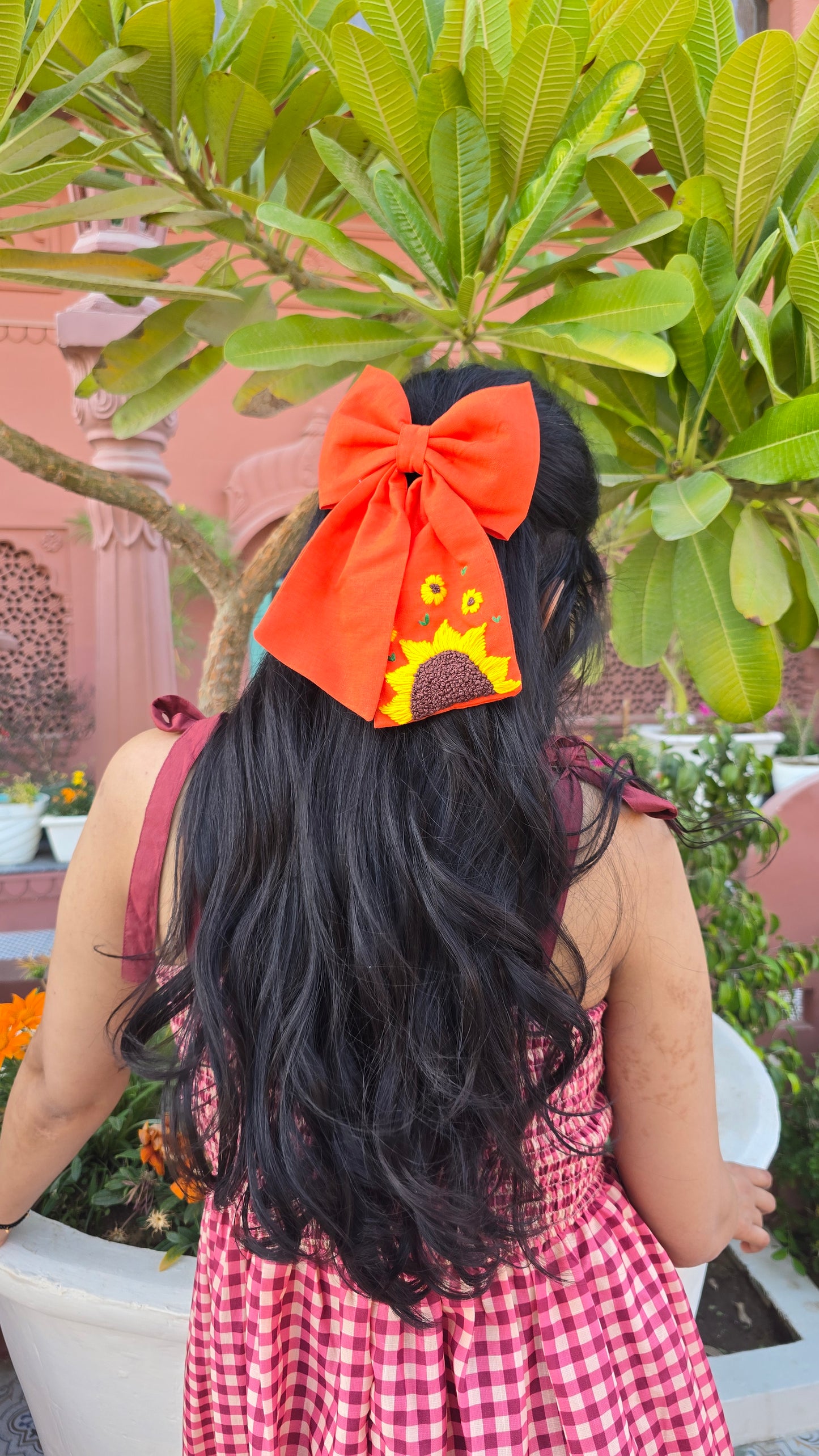 Be My Sunflower Orange Hand Embroidered Bow Hair Clip