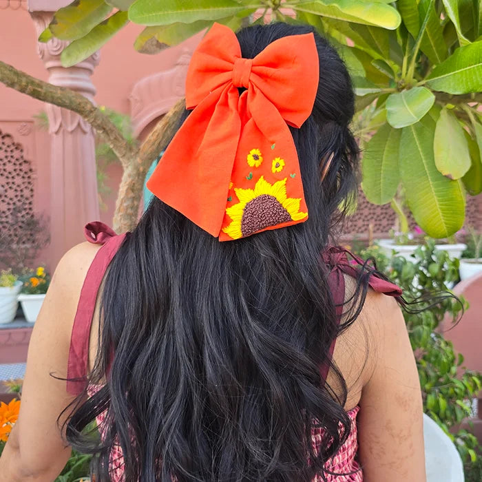 Be My Sunflower Orange Hand Embroidered Bow Hair Clip