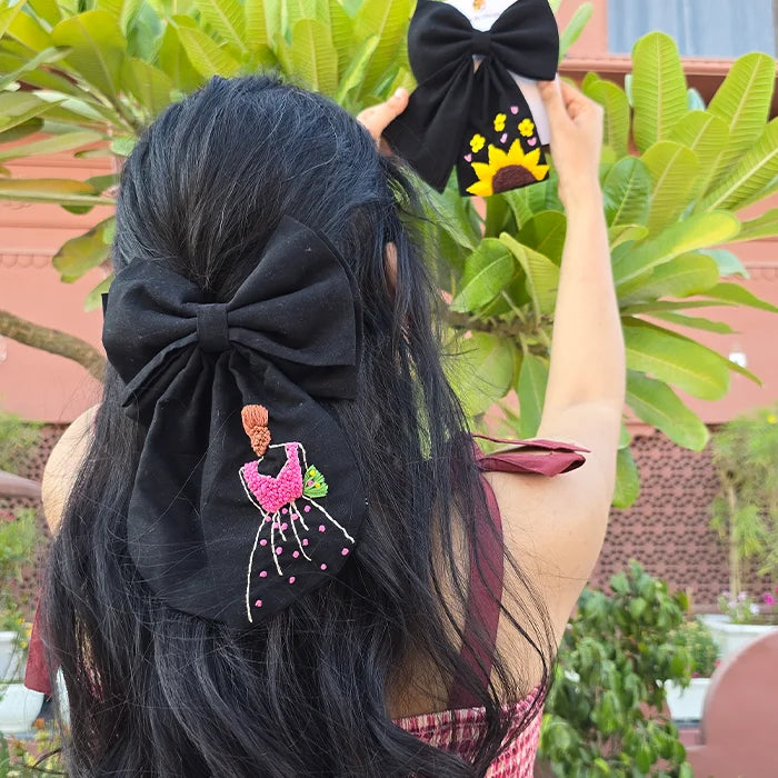 Khoobsurat Black Hand Embroidered Bridal Bow Hair Clip