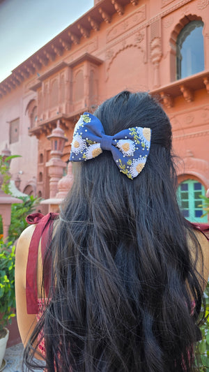Aarya Denim Hand Embroidered Daisy Bow Hair Clip