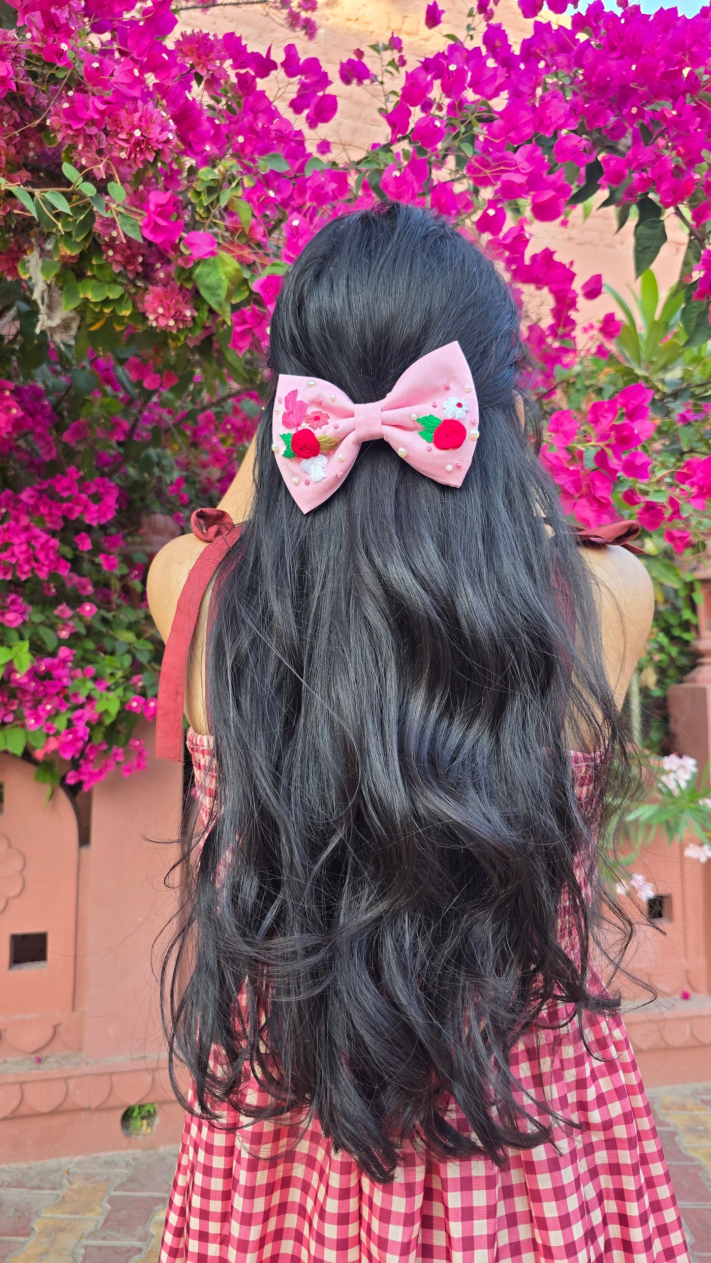 Cotton Candy Charm Hand Embroidered Floral Bow Hair Clip