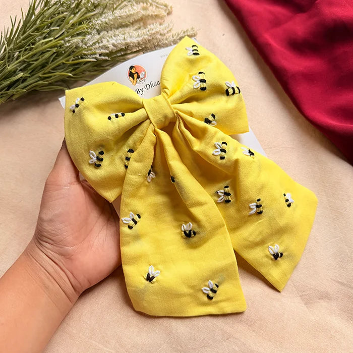 Honey Bee Yellow Hand Embroidered Bow Hair Clip