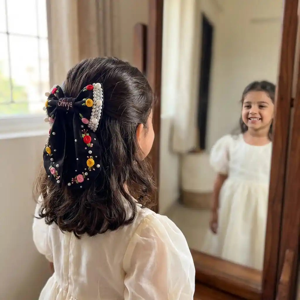 Gulnaar Black Bow – Hand Embroidered Personalized Floral Pearl Hair Bow