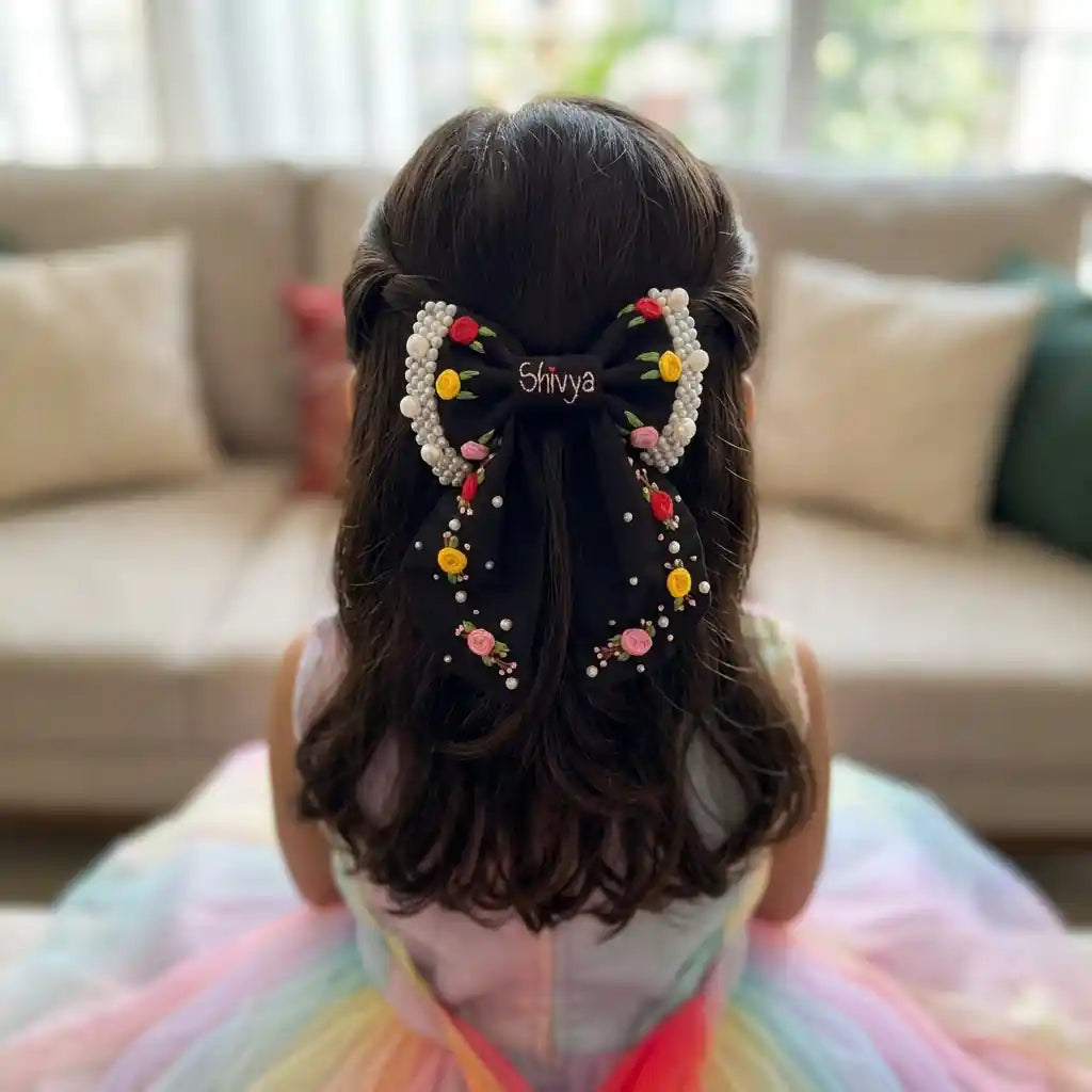 Gulnaar Black Bow – Hand Embroidered Personalized Floral Pearl Hair Bow