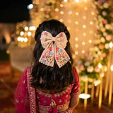 Apsara Beige Hand Embroidered Floral Bow Hair Clip