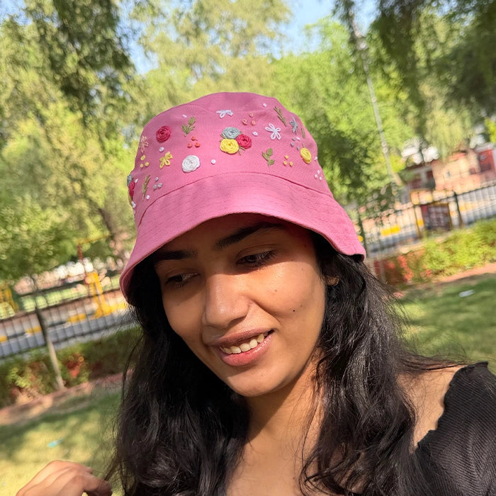 Pink Posy Bucket Hat | Hand-Embroidered Floral Bucket Hat