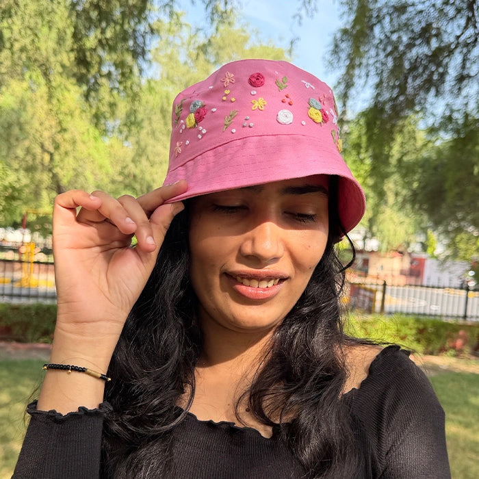 Pink Posy Bucket Hat | Hand-Embroidered Floral Bucket Hat