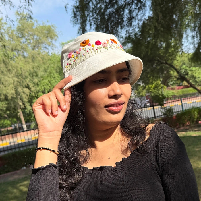 Sunlit Bloom Bucket Hat | Hand-Embroidered Floral Bucket Hat