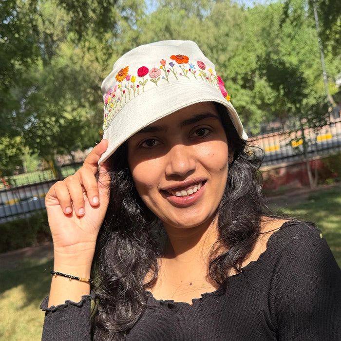 Sunlit Bloom Bucket Hat | Hand-Embroidered Floral Bucket Hat