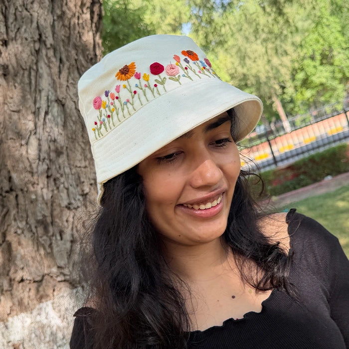 Sunlit Bloom Bucket Hat | Hand-Embroidered Floral Bucket Hat