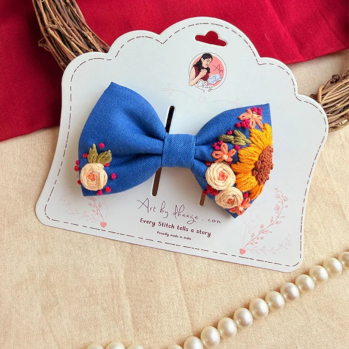 Neel Gul Mini Bow for Kids – Hand-Embroidered Blue Floral Hair Clip