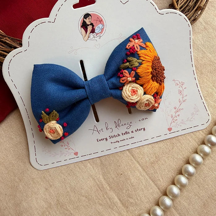 Neel Gul Mini Bow for Kids – Hand-Embroidered Blue Floral Hair Clip