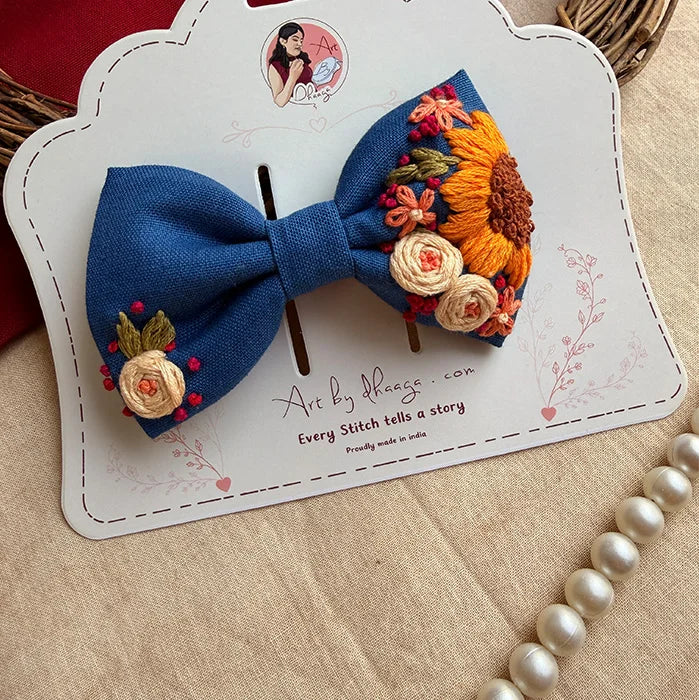 Neel Gul Mini Bow for Kids – Hand-Embroidered Blue Floral Hair Clip