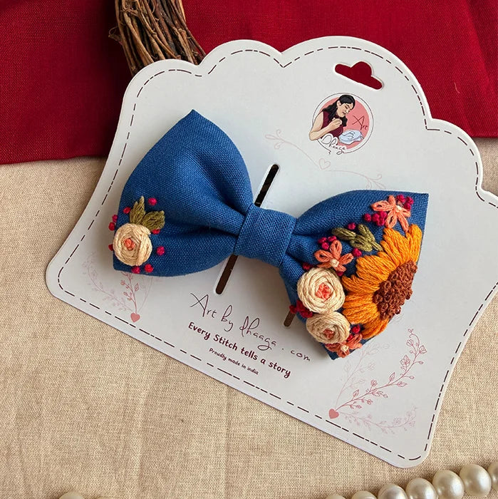 Neel Gul Mini Bow for Kids – Hand-Embroidered Blue Floral Hair Clip