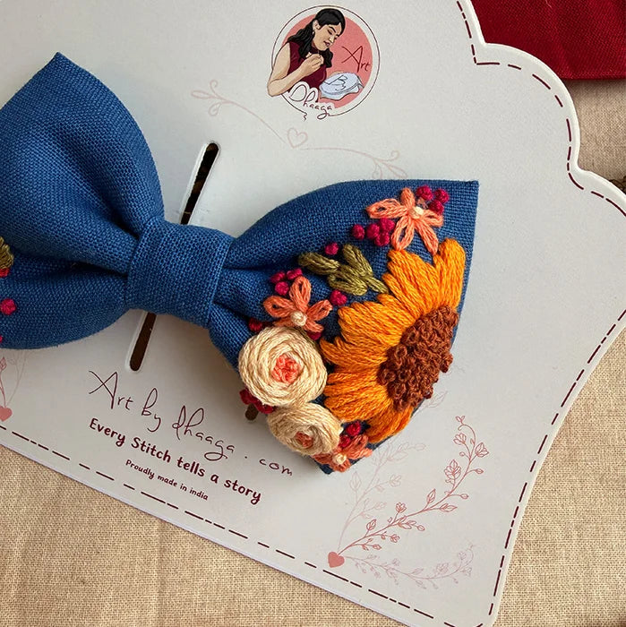 Neel Gul Mini Bow for Kids – Hand-Embroidered Blue Floral Hair Clip