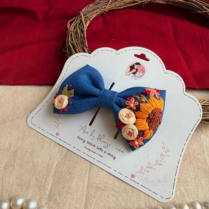 Neel Gul Mini Bow for Kids – Hand-Embroidered Blue Floral Hair Clip