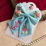 Bluebell Bay Hand-Embroidered Blue Bow for Girls | Floral Statement Hair Accessory