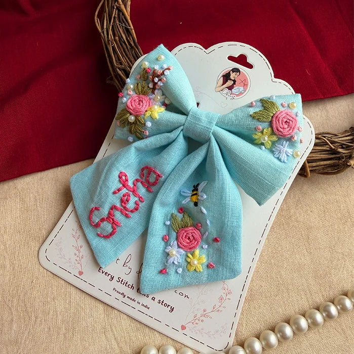 Bluebell Bay Hand-Embroidered Blue Bow for Girls | Floral Statement Hair Accessory