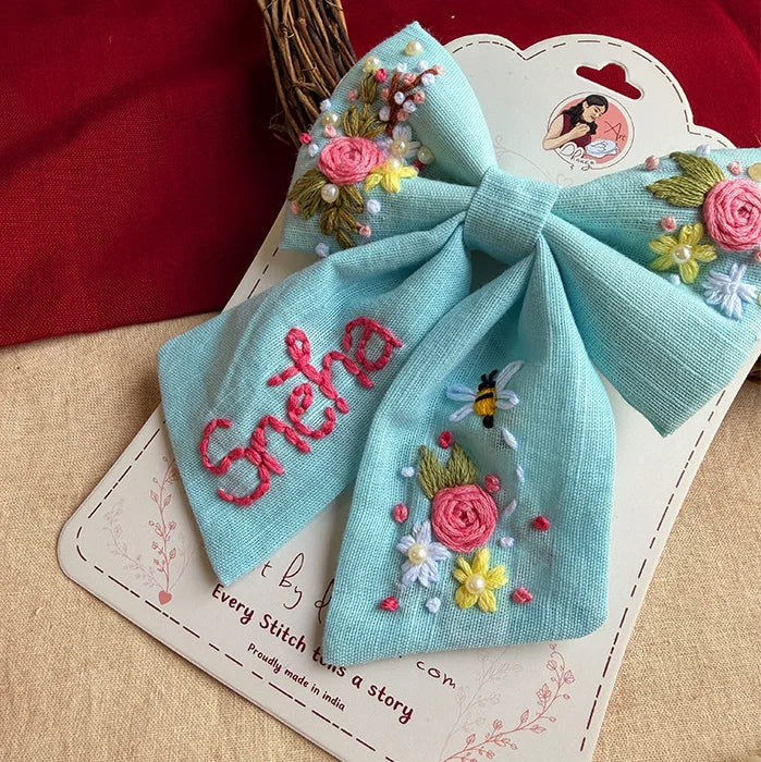 Bluebell Bay Hand-Embroidered Blue Bow for Girls | Floral Statement Hair Accessory