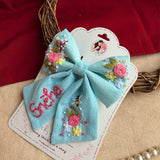 Bluebell Bay Hand-Embroidered Blue Bow for Girls | Floral Statement Hair Accessory