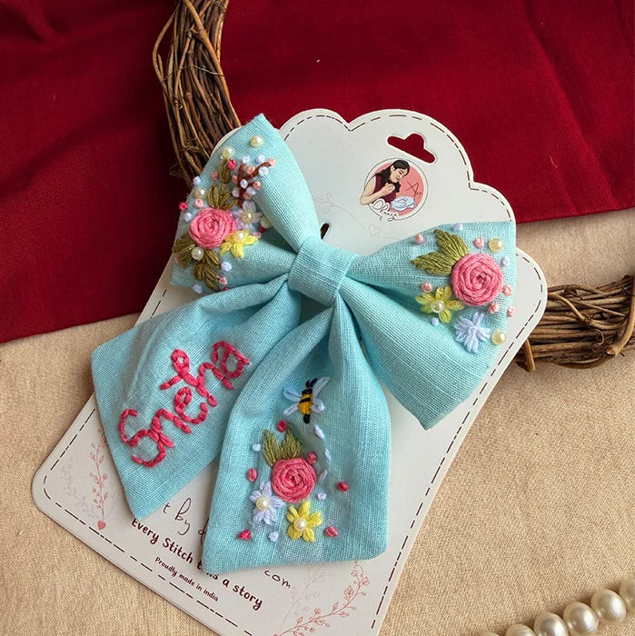 Bluebell Bay Hand-Embroidered Blue Bow for Girls | Floral Statement Hair Accessory