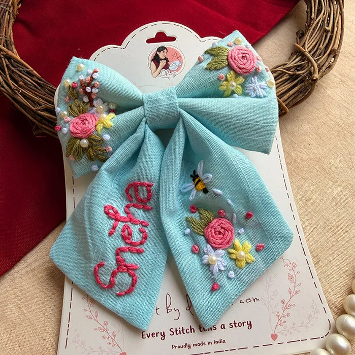 Bluebell Bay Hand-Embroidered Blue Bow for Girls | Floral Statement Hair Accessory