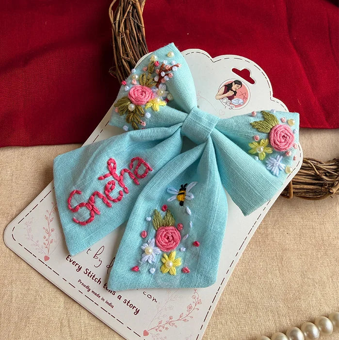 Bluebell Bay Hand-Embroidered Blue Bow for Girls | Floral Statement Hair Accessory