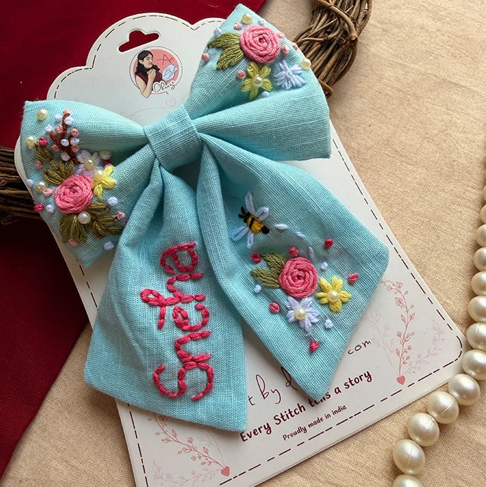 Bluebell Bay Hand-Embroidered Blue Bow for Girls | Floral Statement Hair Accessory