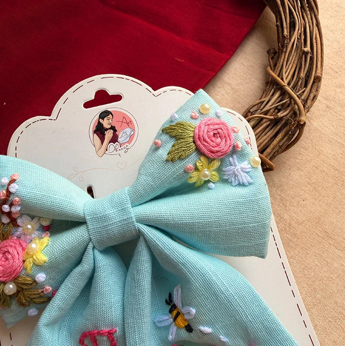 Bluebell Bay Hand-Embroidered Blue Bow for Girls | Floral Statement Hair Accessory