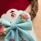 Bluebell Bay Hand-Embroidered Blue Bow for Girls | Floral Statement Hair Accessory
