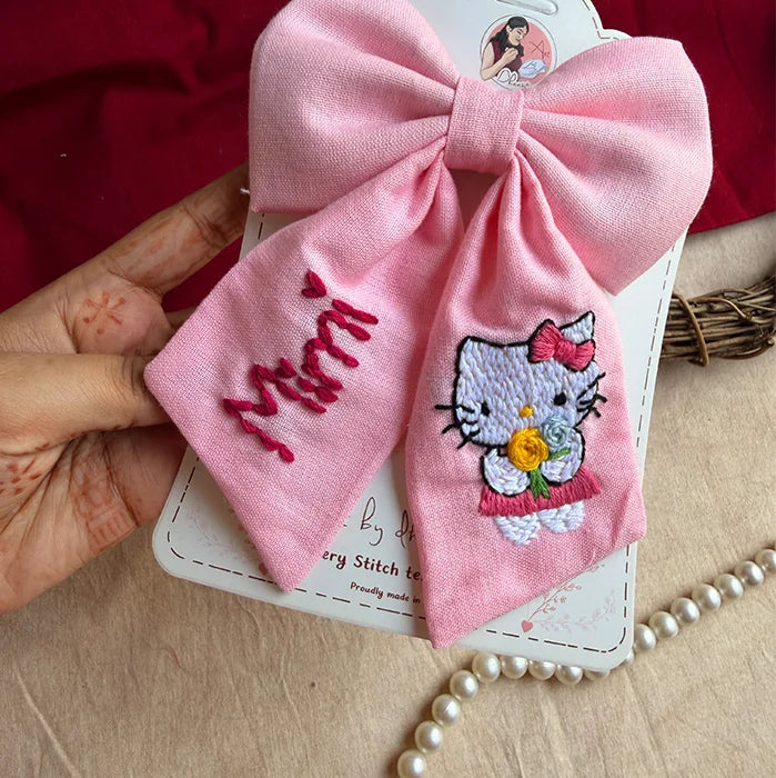 Pink Mimi Personalized Hand-Embroidered Bow for Girls | Character-Inspired Hair Accessory